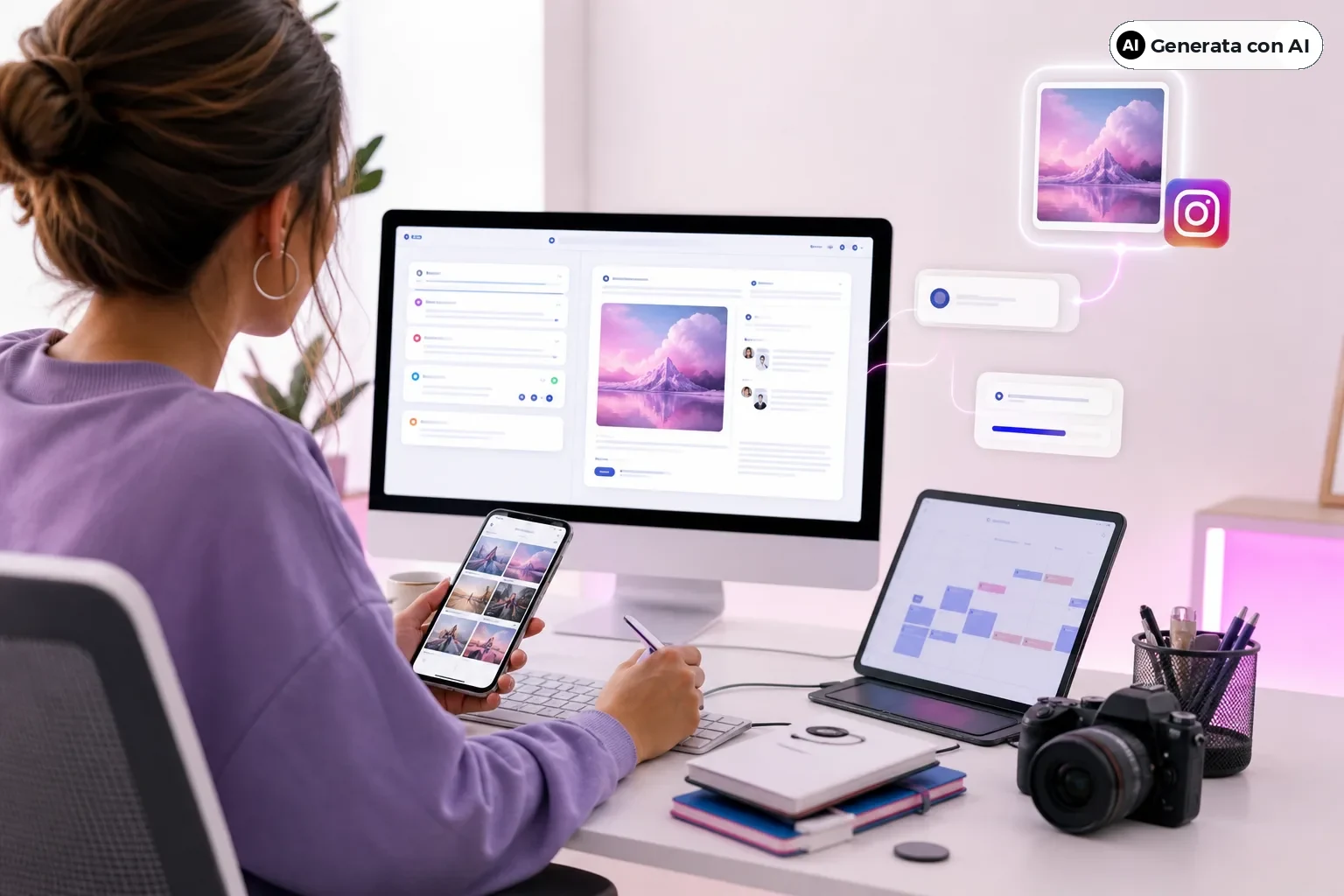 Interfaccia con obiettivo, tono e bozza su unico schermo. - Immagine interamente generata con intelligenza artificiale.