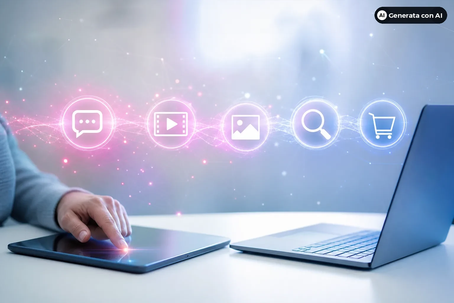 Mappa contenuti che collega social, SEO e pagina vendita. - Immagine interamente generata con intelligenza artificiale.