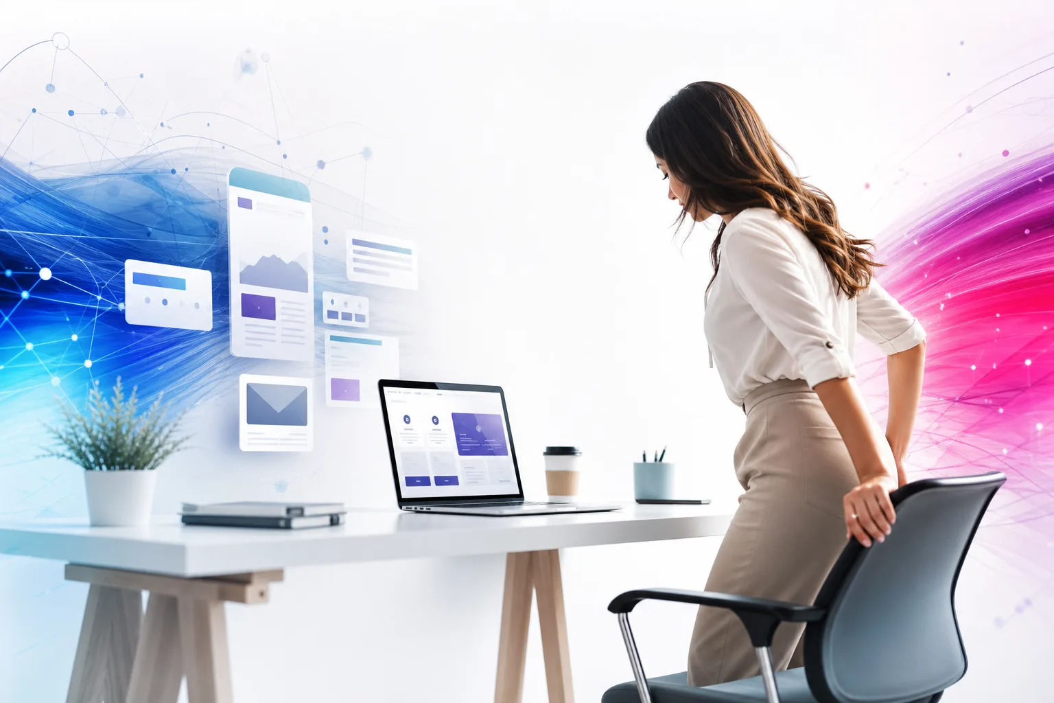 Laptop con layout astratti di newsletter e pagina web che rappresentano la preparazione di contenuti orientati all’azione.